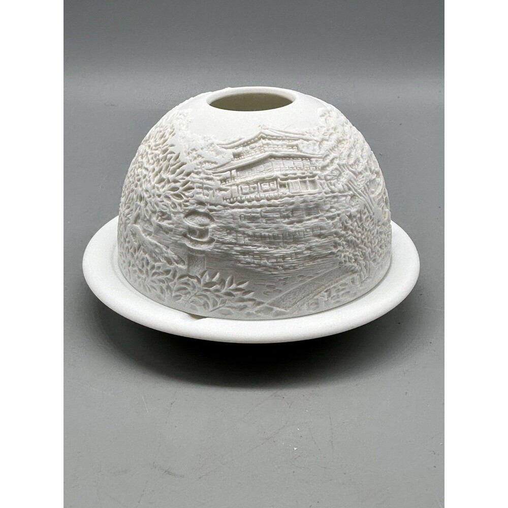 White Bisque Limoges Lithophane Japanese Garden Pagoda Candle Votive Fairy Lamp